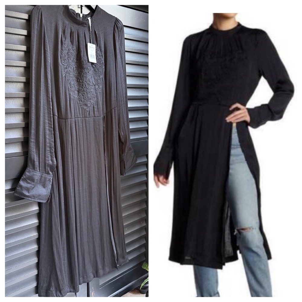 Free People NWT Long Sleeve Black Gothic Tunic Dress Embroidered Heart